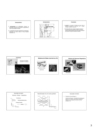 3
Antropometria
A antropometria em Biomecânica fornece as
dimensões corporais convencionais e a geometria do
corpo e das massas corporais.
Ex.: dimensões das formas geométricas de segmentos,
distribuição de massa, braços de força, posições
articulares, etc...
Antropometria Cinemetria
A cinemetria é um conjunto de métodos que busca medir os
parâmetros cinemáticos do movimento, isto é, posição,
orientação, velocidade e aceleração.
O instrumento básico para o registro de medidas cinemáticas é
uma câmera de vídeo que registra a imagem do movimento.
Através de software específico utiliza-se as imagens capturadas
para calcular as variáveis cinemáticas de interesse.
Cinemetria
Técnicas de imagem
(posições no espaço)
Sistema de Vídeo (normal ou IV)
Marcadores passivos
Marcadores ativos
OptoTrack
Sistema de Sensores Magnéticos
Domínio: Tempo - Frequência
Aquisição de dados Representação de uma onda quadrada Aquisição de dados
•  Frequência de amostragem fs
Teorema de Nyquist: A frequência de amostragem
deve ser, no mínimo, duas vezes a frequência
máxima (fm) do espectro de fourier do sinal
analógico v(t).
 