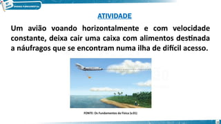 11
Um avião voando horizontalmente e com velocidade
constante, deixa cair uma caixa com alimentos destinada
a náufragos que se encontram numa ilha de difícil acesso.
FONTE: Os Fundamentos da Física (v.01)
ATIVIDADE
 
