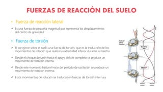 • Fuerza de reacción lateral
 Es una fuerza de pequeña magnitud que representa los desplazamientos
del centro de gravedad.
• Fuerza de torsión
 El pie ejerce sobre el suelo una fuerza de torsión, que es la traducción de los
movimientos de rotación que realiza la extremidad inferior durante la marcha.
 Desde el choque de talón hasta el apoyo del pie completo se produce un
movimiento de rotación interna.
 Desde este momento hasta el inicio del período de oscilación se produce un
movimiento de rotación externa.
 Estos movimientos de rotación se traducen en fuerzas de torsión interna y
FUERZAS DE REACCIÓN DEL SUELO
 