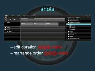 shots
–edit duration @@@ video
–rearrange order @@@ video
 