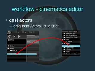 workflow - cinematics editor
• cast actors
– drag from Actors list to shot:
 