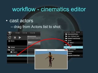 workflow - cinematics editor
• cast actors
– drag from Actors list to shot:
 
