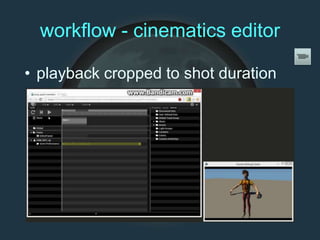 workflow - cinematics editor
• playback cropped to shot duration
 