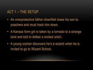 ACT 1 – THE SETUP
• An overprotective father clownfish loses his son to
  poachers and must track him down.
• A Kansas farm girl is taken by a tornado to a strange
  land and told to defeat a wicked witch.
• A young orphan discovers he’s a wizard when he is
  invited to go to Wizard School.
 