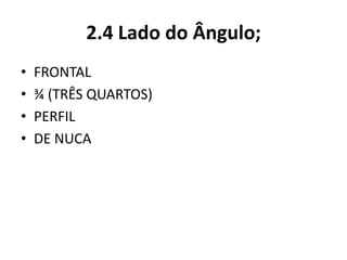 2.4 Lado do Ângulo;
• FRONTAL
• ¾ (TRÊS QUARTOS)
• PERFIL
• DE NUCA
 