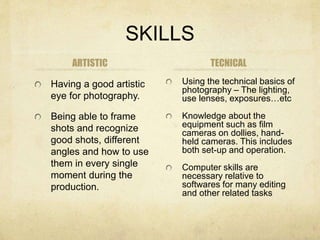 SKILLS
ARTISTIC
Having a good artistic
eye for photography.
Being able to frame
shots and recognize
good shots, different
angles and how to use
them in every single
moment during the
production.
TECNICAL
Using the technical basics of
photography – The lighting,
use lenses, exposures…etc
Knowledge about the
equipment such as film
cameras on dollies, hand-
held cameras. This includes
both set-up and operation.
Computer skills are
necessary relative to
softwares for many editing
and other related tasks
 