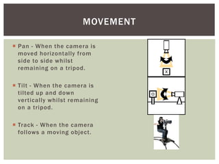  Pan - When the camera is
moved horizontally from
side to side whilst
remaining on a tripod.
 Tilt - When the camera is
tilted up and down
vertically whilst remaining
on a tripod.
 Track - When the camera
follows a moving object.
MOVEMENT
 