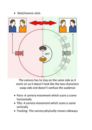  Shot/reverse shot-
The camera has to stay on the same side as it
starts on so it doesn’t look like the two characters
swap side and doesn’t confuse the audience
 Pans- A camera movement which scans a scene
horizontally
 Tilts- A camera movement which scans a scene
vertically
 Tracking- The camera physically moves sideways
 