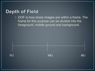 • DOF is how sharp images are within a frame. The 
frame for this purpose can be divided into the 
foreground, middle ground and background. 
FG MG BG 
 