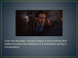 Over the shoulder: Usually follows a shot reverse shot 
pattern to show the reactions of 2 characters during a 
conversation. 
 