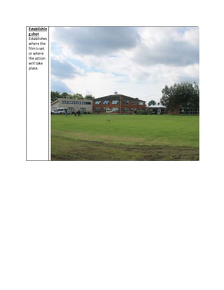 Establishin
g shot
Establishes
where the
filmisset
or where
the action
will take
place.