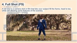 4. Full Shot (FS)
A full shot is a camera shot in film that lets your subject fill the frame, head to toe,
while still allowing some features of the scenery.
 