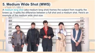 5. Medium Wide Shot (MWS)
A medium long shot (aka medium long shot) frames the subject from roughly the
knees up. It splits the difference between a full shot and a medium shot. Here's an
example of the medium wide shot size:
 