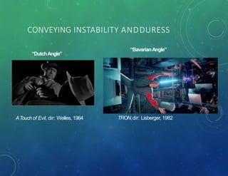 CONVEYING INSTABILITY ANDDURESS
ATouchof Evil, dir: Welles,1964 TRON,dir: Lisberger, 1982
“DutchAngle”
“BavarianAngle”
 