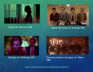 Ver3go, dir: Hitchcock,1958 Backto the Future, dir: Zemeckis,1985
Fear and Loathing in LasVegas, dir: Gilliam,
1998
Secretary, dir: Shainberg,2002
https://www.youtube.com/watch?v=tmow0Oay-Tk
 