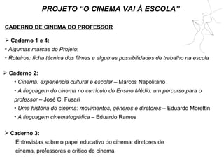 CADERNO DE CINEMA DO PROFESSOR Caderno 1 e 4:  Algumas marcas do Projeto ; Roteiros: ficha técnica dos filmes e algumas possibilidades de trabalho na escola PROJETO “O CINEMA VAI À ESCOLA” Caderno 2: Cinema: experiência cultural e escolar  – Marcos Napolitano A linguagem do cinema no currículo do Ensino Médio: um percurso para o professor  – José C. Fusari Uma história do cinema: movimentos, gêneros e diretores  – Eduardo Morettin A linguagem cinematográfica  – Eduardo Ramos   Caderno 3: Entrevistas sobre o papel educativo do cinema: diretores de cinema, professores e crítico de cinema 