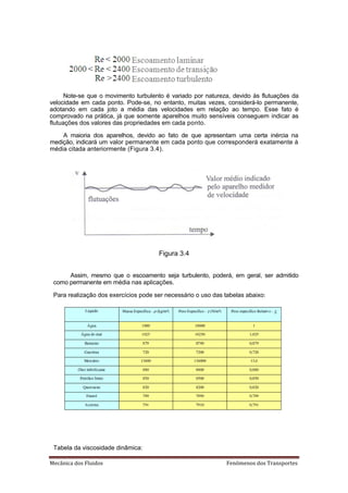 Note-se que o movimento turbulento é variado por natureza, devido às flutuações da
velocidade em cada ponto. Pode-se, no entanto, muitas vezes, considerá-lo permanente,
adotando em cada joto a média das velocidades em relação ao tempo. Esse fato é
comprovado na prática, já que somente aparelhos muito sensíveis conseguem indicar as
flutuações dos valores das propriedades em cada ponto.

    A maioria dos aparelhos, devido ao fato de que apresentam uma certa inércia na
medição, indicará um valor permanente em cada ponto que corresponderá exatamente à
média citada anteriormente (Figura 3.4).




                                      Figura 3.4


      Assim, mesmo que o escoamento seja turbulento, poderá, em geral, ser admitido
 como permanente em média nas aplicações.

 Para realização dos exercícios pode ser necessário o uso das tabelas abaixo:




 Tabela da viscosidade dinâmica:

‡…Ÿ‹…ƒ †‘• Ž—‹†‘•                                             ‡Ø‡‘• †‘• ”ƒ•’‘”–‡•
 