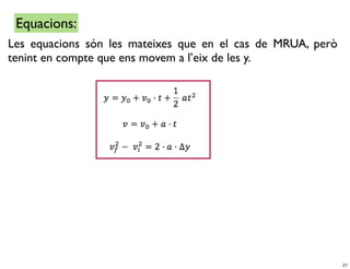 Equacions:
Les equacions són les mateixes que en el cas de MRUA, però
tenint en compte que ens movem a l’eix de les y.




                                                             27
 