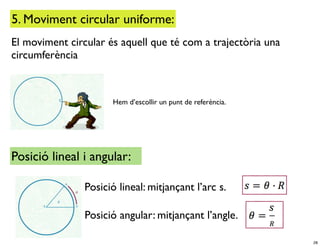 5. Moviment circular uniforme:
El moviment circular és aquell que té com a trajectòria una
circumferència



                       Hem d’escollir un punt de referència.




Posició lineal i angular:

                Posició lineal: mitjançant l’arc s.

                Posició angular: mitjançant l’angle.

                                                               28
 