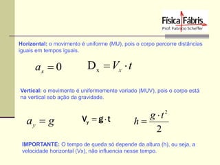 Horizontal: o movimento é uniforme (MU), pois o corpo percorre distâncias
iguais em tempos iguais.

ax  0

D x  Vx  t

Vertical: o movimento é uniformemente variado (MUV), pois o corpo está
na vertical sob ação da gravidade.

ay  g

Vy  g  t

g t
h
2

2

IMPORTANTE: O tempo de queda só depende da altura (h), ou seja, a
velocidade horizontal (Vx), não influencia nesse tempo.

 
