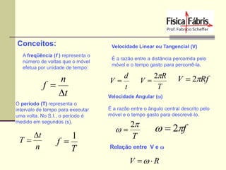 Conceitos:

Velocidade Linear ou Tangencial (V)

A freqüência (f ) representa o
número de voltas que o móvel
efetua por unidade de tempo:

n
f 
t
O período (T) representa o
intervalo de tempo para executar
uma volta. No S.I., o período é
medido em segundos (s).

t
T
n

1
f 
T

É a razão entre a distância percorrida pelo
móvel e o tempo gasto para percorrê-la.

V

d
t

V

2R
T

V  2Rf

Velocidade Angular (w)
É a razão entre o ângulo central descrito pelo
móvel e o tempo gasto para descrevê-lo.

2
w
T

w  2f

Relação entre V e w

V w R

 