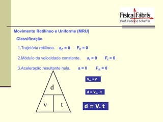Movimento Retilíneo e Uniforme (MRU)
Classificação
1.Trajetória retilínea.

aC = 0

FC = 0

2.Módulo da velocidade constante.

3.Aceleração resultante nula.

at = 0

a=0

FR = 0

Vm =V

d
v

d = Vm . t

t

Ft = 0

d = V. t

 