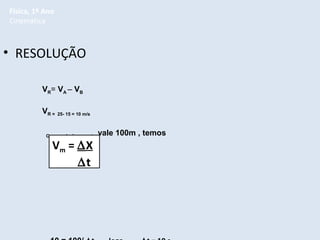 Física, 1º Ano
Cinemática

• RESOLUÇÃO
VR= VA – VB
VR =

25- 15 = 10 m/s

Como o deslocamento

Vm = ∆X
∆t

vale 100m , temos

 