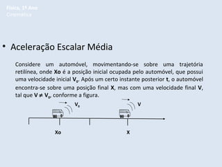 Física, 1º Ano
Cinemática

• Aceleração Escalar Média
Considere um automóvel, movimentando-se sobre uma trajetória
retilínea, onde Xo é a posição inicial ocupada pelo automóvel, que possui
uma velocidade inicial V0. Após um certo instante posterior t, o automóvel
encontra-se sobre uma posição final X, mas com uma velocidade final V,
tal que V ≠ V0, conforme a figura.
V0

Xo

V

X

 