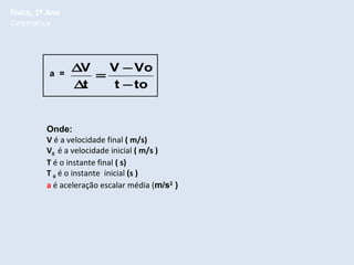 Física, 1º Ano
Cinemática

a =

∆V
V − Vo
=
∆t
t − to

Onde:
V é a velocidade final ( m/s)
V0 é a velocidade inicial ( m/s )
T é o instante final ( s)
T 0 é o instante inicial (s )
a é aceleração escalar média (m/s2 )

 