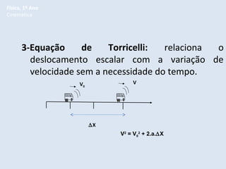 Física, 1º Ano
Cinemática

3-Equação
de
Torricelli:
relaciona
o
deslocamento escalar com a variação de
velocidade sem a necessidade do tempo.
V

V0

∆X
V2 = V02 + 2.a.∆X

 