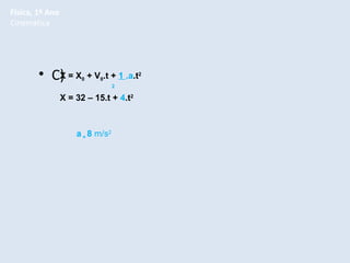 Física, 1º Ano
Cinemática

X
• C) = X

0

+ V0.t + 1 .a.t2
2

X = 32 – 15.t + 4.t2

a = 8 m/s2

 