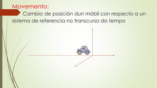 Movemento:
Cambio de posición dun móbil con respecto a un
sistema de referencia no transcurso do tempo
 