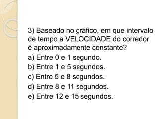 3) Baseado no gráfico, em que intervalo 
de tempo a VELOCIDADE do corredor 
é aproximadamente constante? 
a) Entre 0 e 1 segundo. 
b) Entre 1 e 5 segundos. 
c) Entre 5 e 8 segundos. 
d) Entre 8 e 11 segundos. 
e) Entre 12 e 15 segundos. 
 