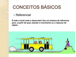 CONCEITOS BÁSICOS 
 Referencial 
É todo o local onde o observador fixa um sistema de referencia 
para, a partir do qual, estudar o movimento ou o repouso do 
objeto. 
 