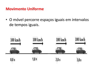 Movimento Uniforme
• O móvel percorre espaços iguais em intervalos
de tempos iguais.
 