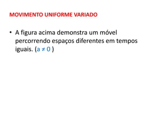 MOVIMENTO UNIFORME VARIADO
• A figura acima demonstra um móvel
percorrendo espaços diferentes em tempos
iguais. (a ≠ 0 )
 