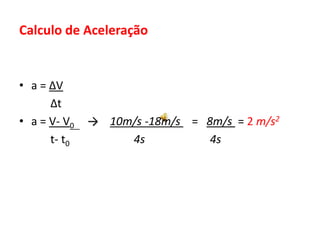 Calculo de Aceleração
• a = ∆V
∆t
• a = V- V0 → 10m/s -18m/s = 8m/s = 2 m/s2
t- t0 4s 4s
 