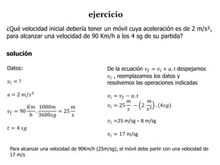 ejercicio
¿Qué velocidad inicial debería tener un móvil cuya aceleración es de 2 m/s²,
para alcanzar una velocidad de 90 Km/h a los 4 sg de su partida?
solución
Datos:
𝑣𝑖 = ?
a = 2 𝑚/𝑠2
𝑣 𝑓 = 90
𝐾𝑚
ℎ
.
1000𝑚
3600𝑠𝑔
= 25
m
s
𝑡 = 4 𝑠𝑔
De la ecuación 𝑣𝑓 = 𝑣𝑖 + 𝑎. 𝑡 despejamos
𝑣𝑖 , reemplazamos los datos y
resolvemos las operaciones indicadas
𝑣𝑖 = 𝑣 𝑓 − 𝑎. 𝑡
𝑣𝑖 = 25
𝑚
𝑠
− 2
𝑚
𝑠2
. (4𝑠𝑔)
𝑣𝑖 =25 m/sg – 8 m/sg
𝑣𝑖 = 17 𝑚/sg
Para alcanzar una velocidad de 90Km/h (25m/sg), el móvil debe partir con una velocidad de
17 m/s
 