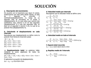 SOLUCIÓN
a. Descripción del movimiento:
De acuerdo con la trayectoria que sigue el cuerpo,
evidenciamos que este parte desde reposo, al cabo
de 1 segundo ha recorrido 4
centímetros(desplazamiento 1), luego de un
segundo más se encuentra en el punto 6
(desplazamiento 2), lo cual indica que recorrió dos
centímetros mas; retorna 6 cm en dos segundos
(desplazamiento 3) y tras dos segundos más, es
decir en el segundo 6 recorre 5 cm, la cual es su
posición fina (desplazamiento 4).
b. Calculando el desplazamiento en cada
intervalo
Recordemos que desplazamiento se define como la
posición final menos la inicial del cuerpo
∆𝒙 = 𝒙 𝒇 − 𝒙𝒊
∆𝑋1= 4𝑐𝑚 − 0𝑐𝑚 = 4𝑐𝑚
∆𝑋2= 6𝑐𝑚 − 4𝑐𝑚 = 2𝑐𝑚
∆𝑋3= 0𝑐𝑚 − 6𝑐𝑚 = −6𝑐𝑚
∆𝑋4= 5𝑐𝑚 − 0𝑐𝑚 = 5𝑐𝑚
c. Desplazamiento total: Lo podemos hallar
mediante la suma algebraica de todos los
desplazamientos.
∆𝑋 𝑇= ∆𝑋1 + ∆𝑋2 + ∆𝑋3 + ∆𝑋4= 4𝑐𝑚 + 2𝑐𝑚 − 6𝑐𝑚 +
5𝑐𝑚 = 5𝑐𝑚
O aplicando la ecuación de desplazamiento.
∆𝒙 = 𝒙 𝒇 − 𝒙𝒊=5cm-0cm=5cm
d. Velocidad media por intervalo
Recordemos que la velocidad media se define como
𝑉 𝑚
=
∆ 𝑥
∆ 𝑡
=
𝑥𝑓 − 𝑥𝑖
𝑡𝑓 − 𝑡𝑖
𝑉 𝑚1
=
∆ 𝑥
∆ 𝑡
=
4𝑐𝑚 − 0𝑐𝑚
1𝑠𝑔 − 0𝑠𝑔
=
4𝑐𝑚
1𝑠𝑔
= 4𝑐𝑚/𝑠𝑔
𝑉 𝑚2
=
∆ 𝑥
∆ 𝑡
=
6𝑐𝑚−4𝑐𝑚
2𝑠𝑔−1𝑠𝑔
=
2𝑐𝑚
1𝑠𝑔
= 2𝑐𝑚/𝑠g
𝑉 𝑚3
=
∆ 𝑥
∆ 𝑡
=
0𝑐𝑚−6𝑐𝑚
4𝑠𝑔−2𝑠𝑔
=
−6𝑐𝑚
2𝑠𝑔
= −3𝑐𝑚/𝑠𝑔
𝑉 𝑚4
=
∆ 𝑥
∆ 𝑡
=
5𝑐𝑚−0𝑐𝑚
6𝑠𝑔−4𝑠𝑔
=
5𝑐𝑚
2𝑠𝑔
= 2,5𝑐𝑚/𝑠𝑔
e. Velocidad media en todo el intervalo
𝑉 𝑚
=
∆ 𝑥
∆ 𝑡
=
𝑥𝑓 − 𝑥𝑖
𝑡𝑓 − 𝑡𝑖
=
5𝑐𝑚 − 0𝑐𝑚
6𝑠𝑔 − 0𝑠𝑔
=
5𝑐𝑚
6𝑠𝑔
= 0,83𝑐𝑚/𝑠𝑔
f. Espacio total recorrido
𝑋 𝑇 = 4𝑐𝑚+2cm+6cm+5cm=17cm
g. Rapidez media de l intervalo
𝑉𝑚 =
𝑋 𝑇
𝑡
=
17𝑐𝑚
6𝑠𝑔
= 2,83𝑐𝑚/𝑠𝑔
 