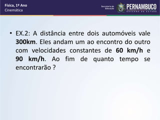 • EX.2: A distância entre dois automóveis vale
300km. Eles andam um ao encontro do outro
com velocidades constantes de 60 ...