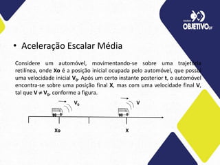 • Aceleração Escalar Média
Considere um automóvel, movimentando-se sobre uma trajetória
retilínea, onde Xo é a posição inicial ocupada pelo automóvel, que possui
uma velocidade inicial V0. Após um certo instante posterior t, o automóvel
encontra-se sobre uma posição final X, mas com uma velocidade final V,
tal que V  V0, conforme a figura.
V0 V
Xo X
 