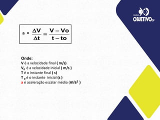 to
t
Vo
V
t
V





a =
Onde:
V é a velocidade final ( m/s)
V0 é a velocidade inicial ( m/s )
T é o instante final ( s)
T 0 é o instante inicial (s )
a é aceleração escalar média (m/s2 )
 