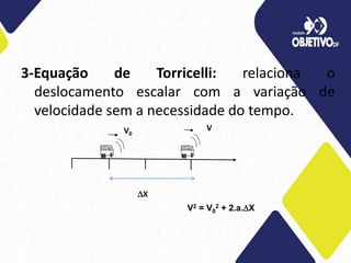 3-Equação de Torricelli: relaciona o
deslocamento escalar com a variação de
velocidade sem a necessidade do tempo.
V0
V
X
V2 = V0
2 + 2.a.X
 