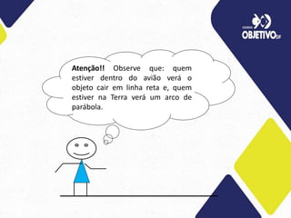 Atenção!! Observe que: quem
estiver dentro do avião verá o
objeto cair em linha reta e, quem
estiver na Terra verá um arco de
parábola.
 