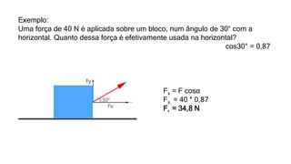Exemplo:
Uma força de 40 N é aplicada sobre um bloco, num ângulo de 30° com a
horizontal. Quanto dessa força é efetivamente usada na horizontal?
cos30° = 0,87
Fx = F cosα
Fx = 40 * 0,87
Fx = 34,8 N
 