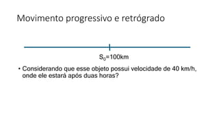 Movimento progressivo e retrógrado
• Considerando que esse objeto possui velocidade de 40 km/h,
onde ele estará após duas horas?
S0=100km
 