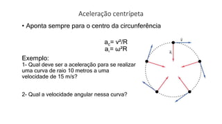 Aceleração centrípeta
• Aponta sempre para o centro da circunferência
ac= v²/R
ac= ω²R
Exemplo:
1- Qual deve ser a aceleração para se realizar
uma curva de raio 10 metros a uma
velocidade de 15 m/s?
2- Qual a velocidade angular nessa curva?
 