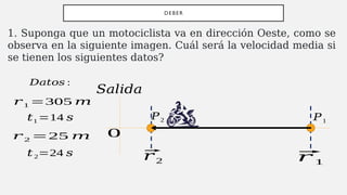 DEBER
1. Suponga que un motociclista va en dirección Oeste, como se
observa en la siguiente imagen. Cuál será la velocidad media si
se tienen los siguientes datos?
𝑆𝑎𝑙𝑖𝑑𝑎
0
⃗
𝑟 1
⃗
𝑟2
𝑃1
𝑃2
𝑟 1 =305 𝑚
𝑡1 =14 𝑠
𝑟 2 =25 𝑚
𝐷𝑎𝑡𝑜𝑠 :
𝑡2=24 𝑠
 