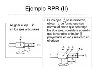 Ejemplo RPR (II) Asignar el eje  en los ejes articulares Si los ejes  se intersectan,  ubicar  de forma que sea normal al plano que contenga los dos ejes, considere además que la variable articular {i} proyectada en {i-1} sea cero en el origen 