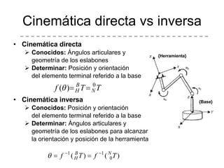 Cinemática directa Conocidos:  Ángulos articulares y geometría de los eslabones Determinar:  Posición y orientación del elemento terminal referido a la base Cinemática inversa Conocidos:  Posición y orientación del elemento terminal referido a la base Determinar:  Ángulos articulares y geometría de los eslabones para alcanzar la orientación y posición de la herramienta Cinemática directa vs inversa {Herramienta} {Base} 